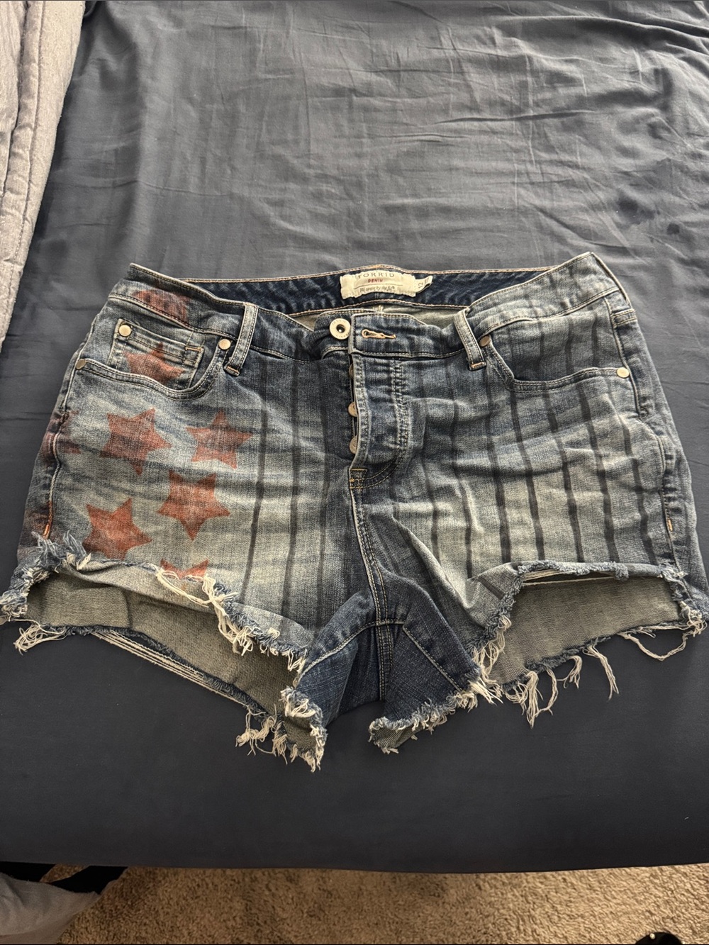torrid Washed Blue Denim Cutoff Shorts with Red Star and Blue Stripe Print